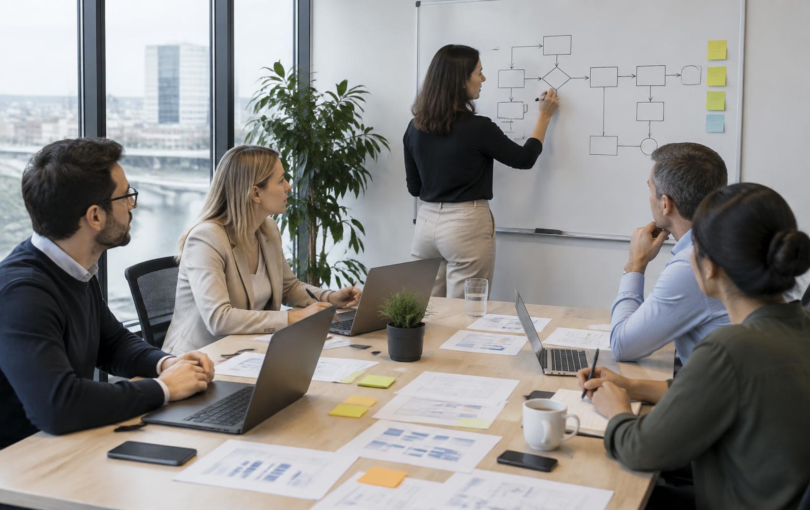 Atelier de cadrage Pivotal Skills AI : une équipe métier analyse un processus au tableau blanc