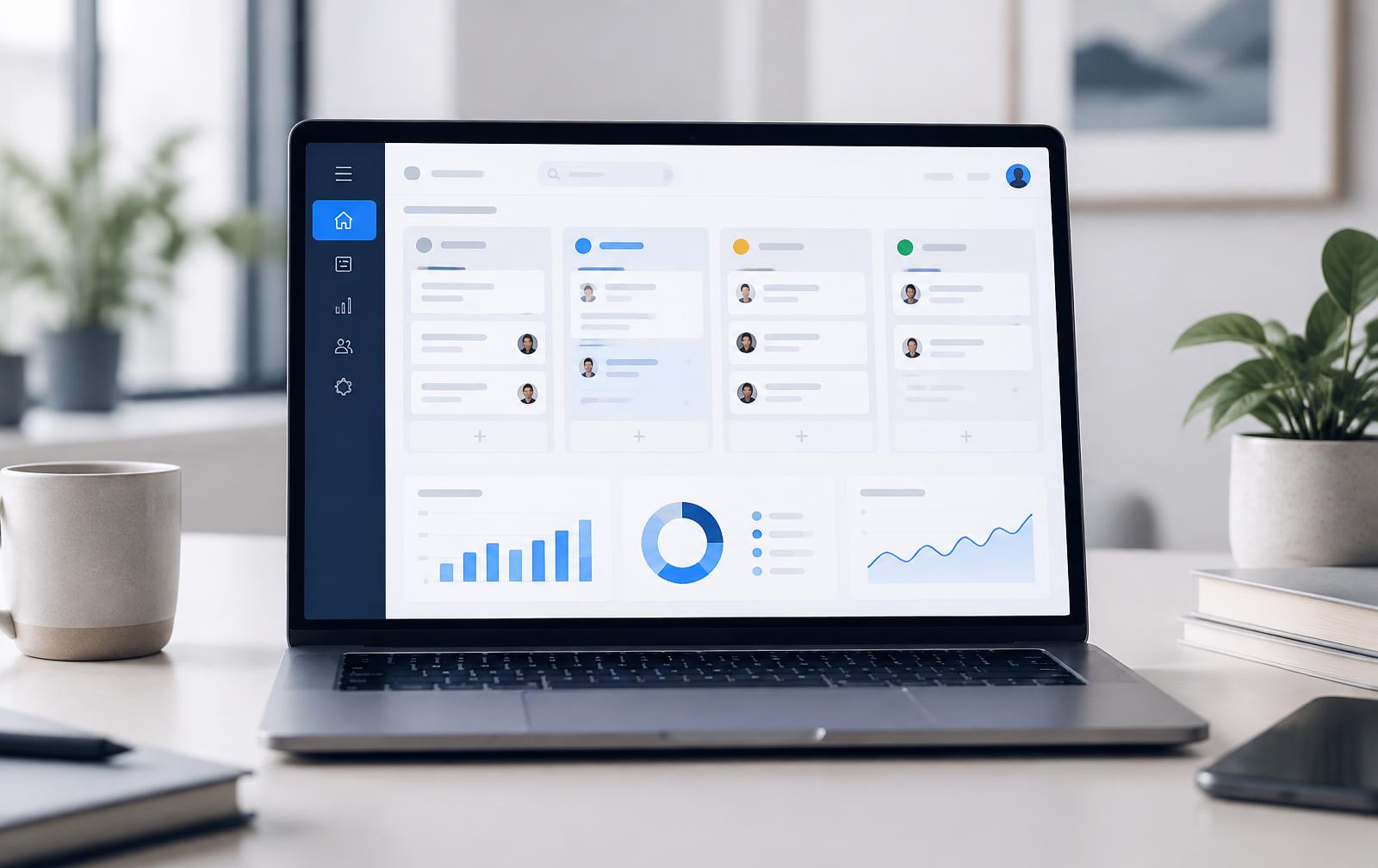 Application SaaS métier affichée sur un ordinateur portable : tableau de suivi et indicateurs
