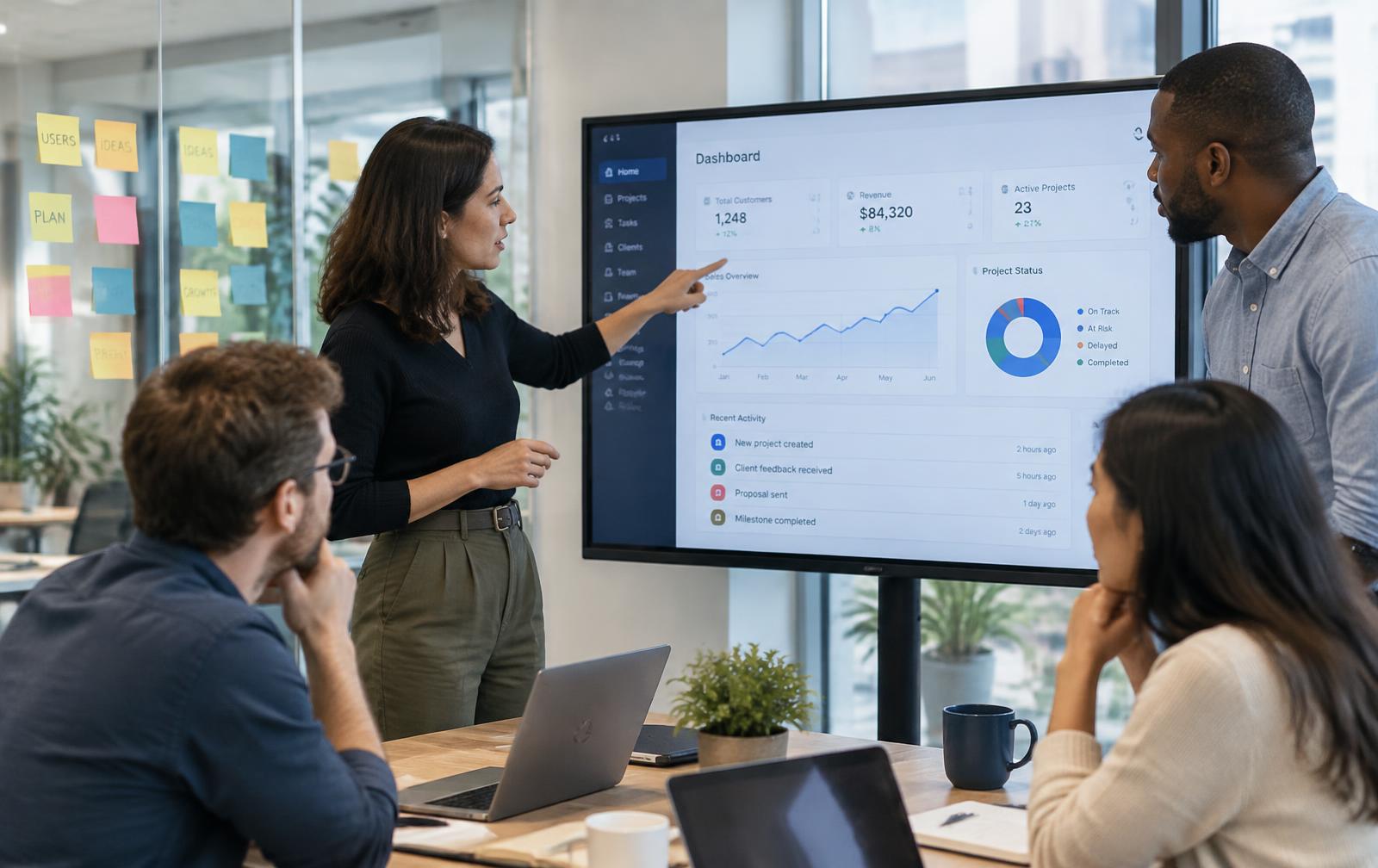 Équipe métier de Pivotal Skills AI en atelier de conception d'application autour d'un écran