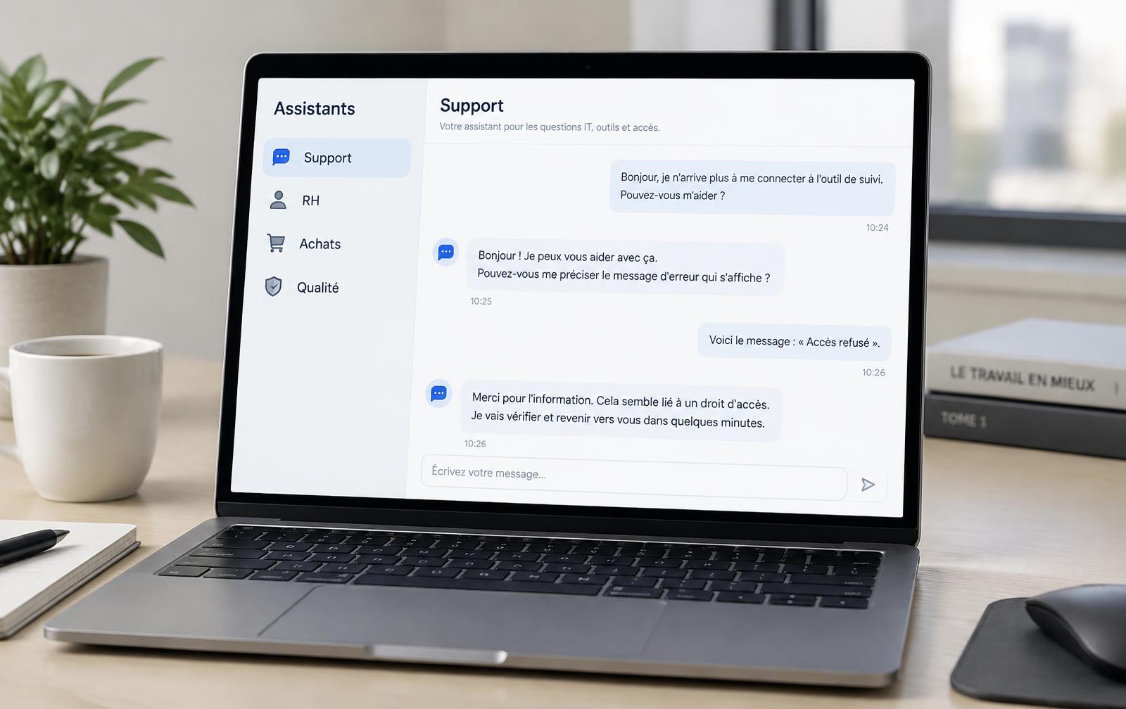 Interface PivotalChat sur un ordinateur portable, avec une courte liste d'assistants métiers